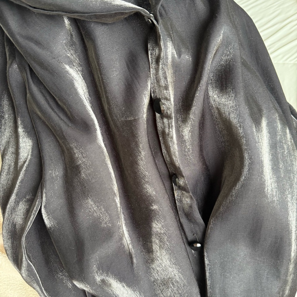 Joan Leslie Women's Black Satin Silky Button Down Shirt Gem Buttons - Picture 12 of 12